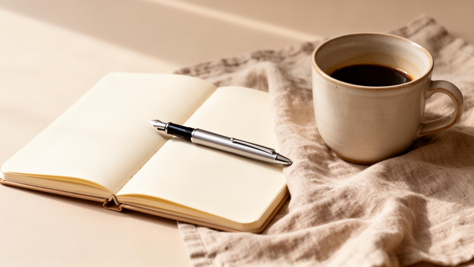 Cuaderno, lapicera y café sobre un escritorio
